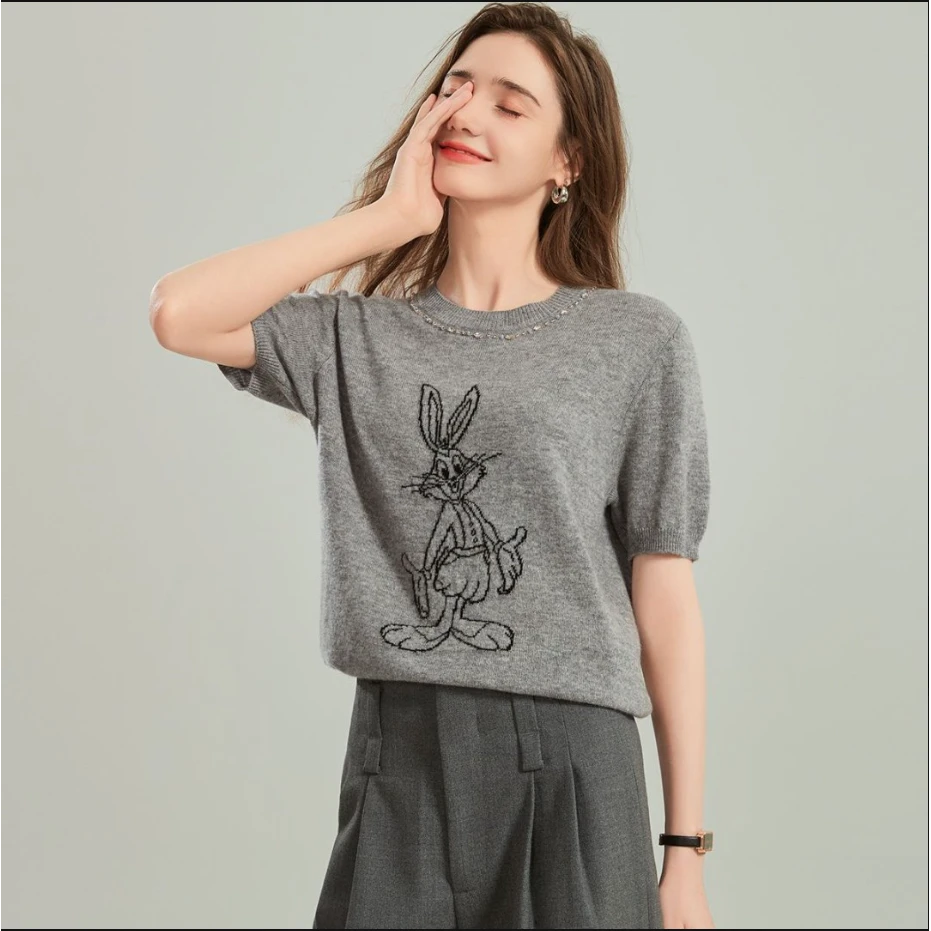 100%绵羊毛时尚气质圆领镶钻女式羊毛衫25DAK0426