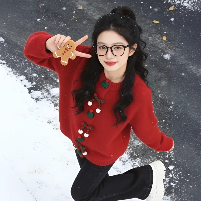大码圣诞节氛围感红色毛衣外套女秋冬新款宽松气质慵懒风针织开衫