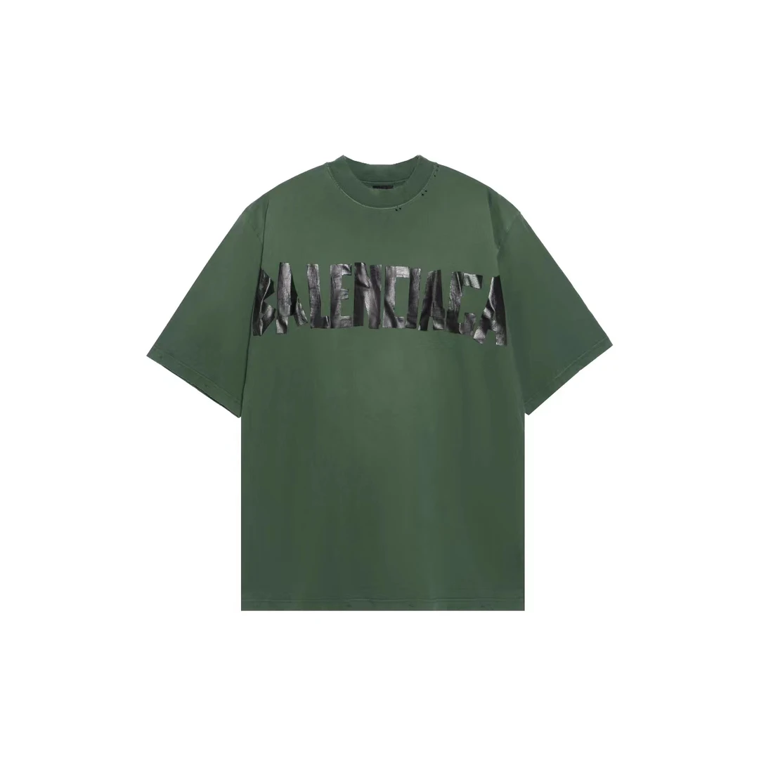 全新未使用 Balenciaga/巴黎世家 黑色字母胶条破坏绿色短袖