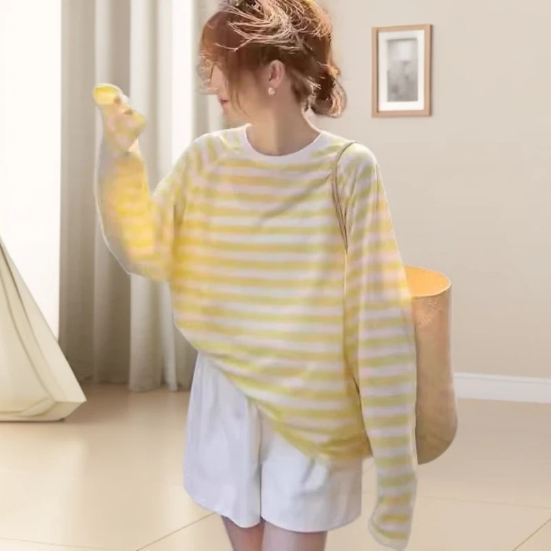 撞色条纹薄纱防晒衣罩衫女夏季新款可爱宽松薄款长袖t恤小个子