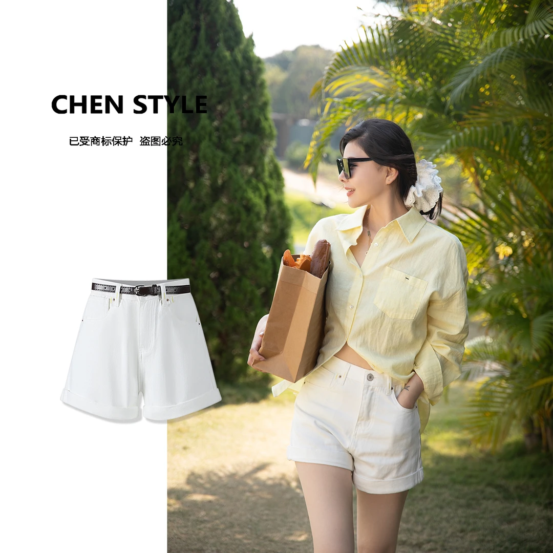 楚楚君~【夏日限定】K23226直筒显瘦高腰牛仔短裤