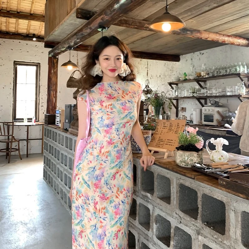 油画连衣裙内搭吊带裙两件套