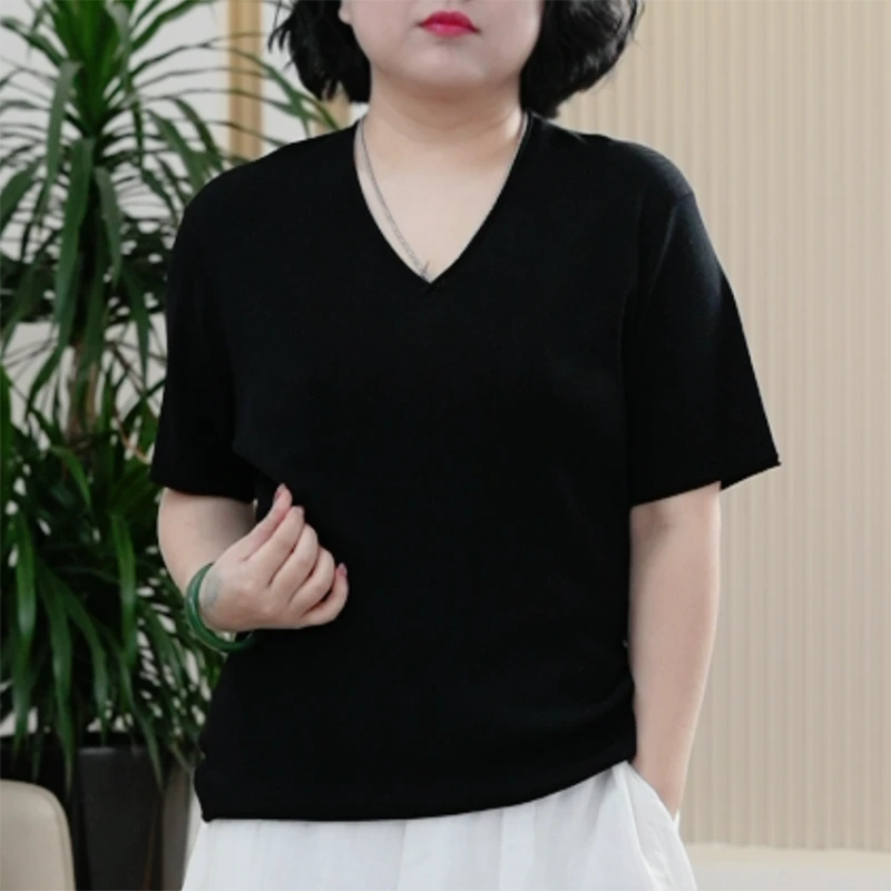 冰柔空调纱打底衫女大码弹力微卷边T恤夏季薄凉显瘦优雅针织上衣