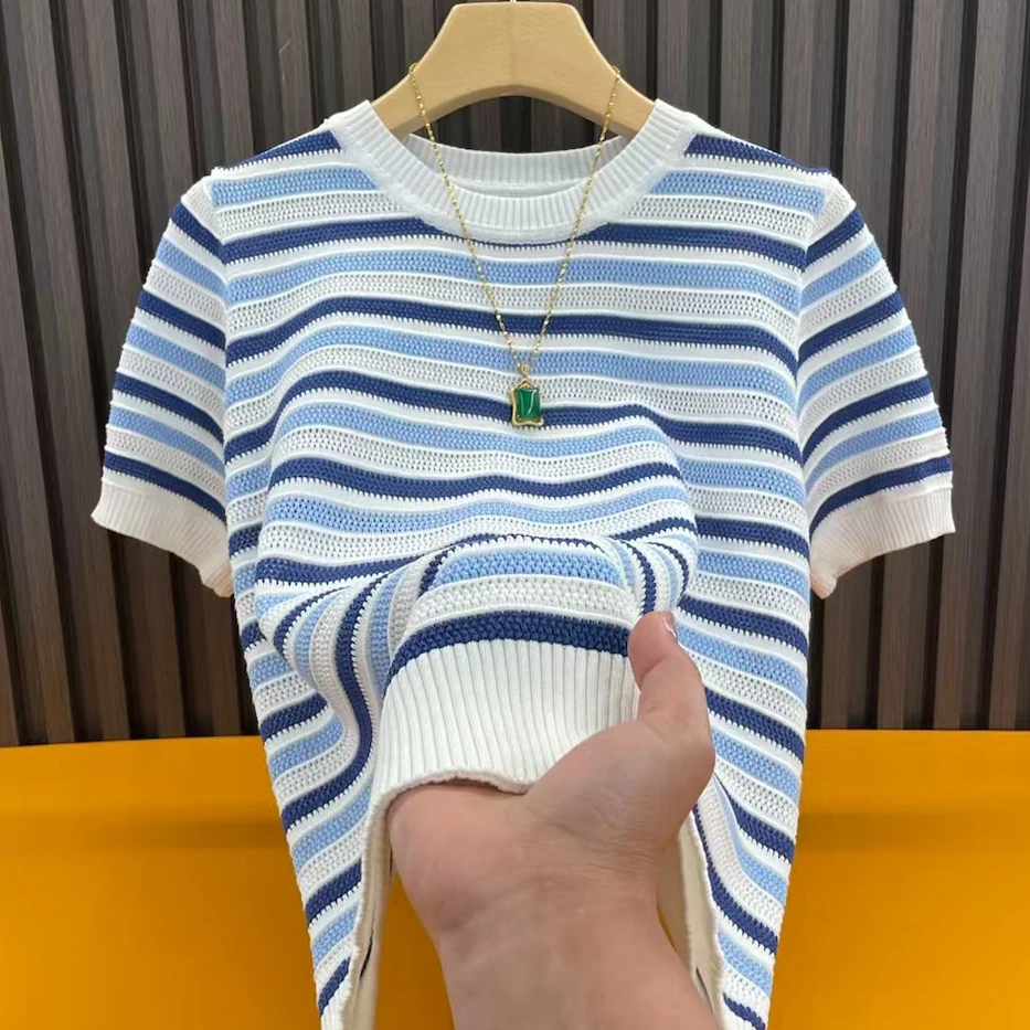 莱赛尔天丝~新款重工圆领镂空条纹针织短袖女宽松休闲打底衫 101