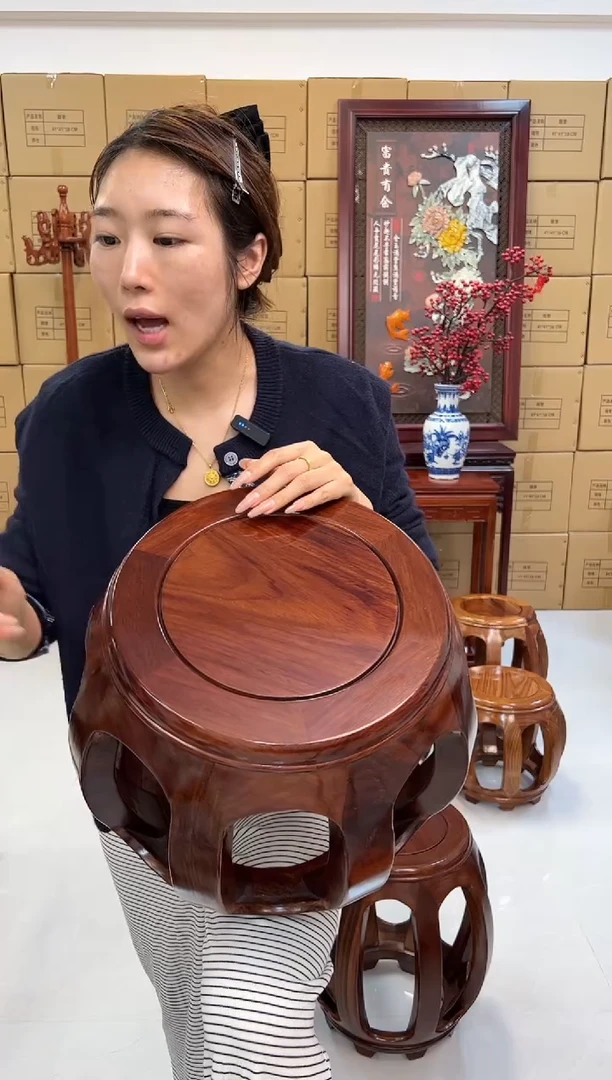 花梨木类家具3张大号2张小号花梨木鼓凳（胡桃色）