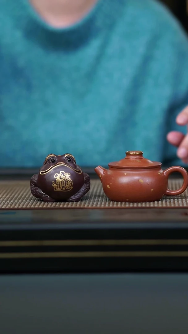 茶壶紫砂微瑕全手血降坡洒金聚钱轮120cc+紫泥金蟾