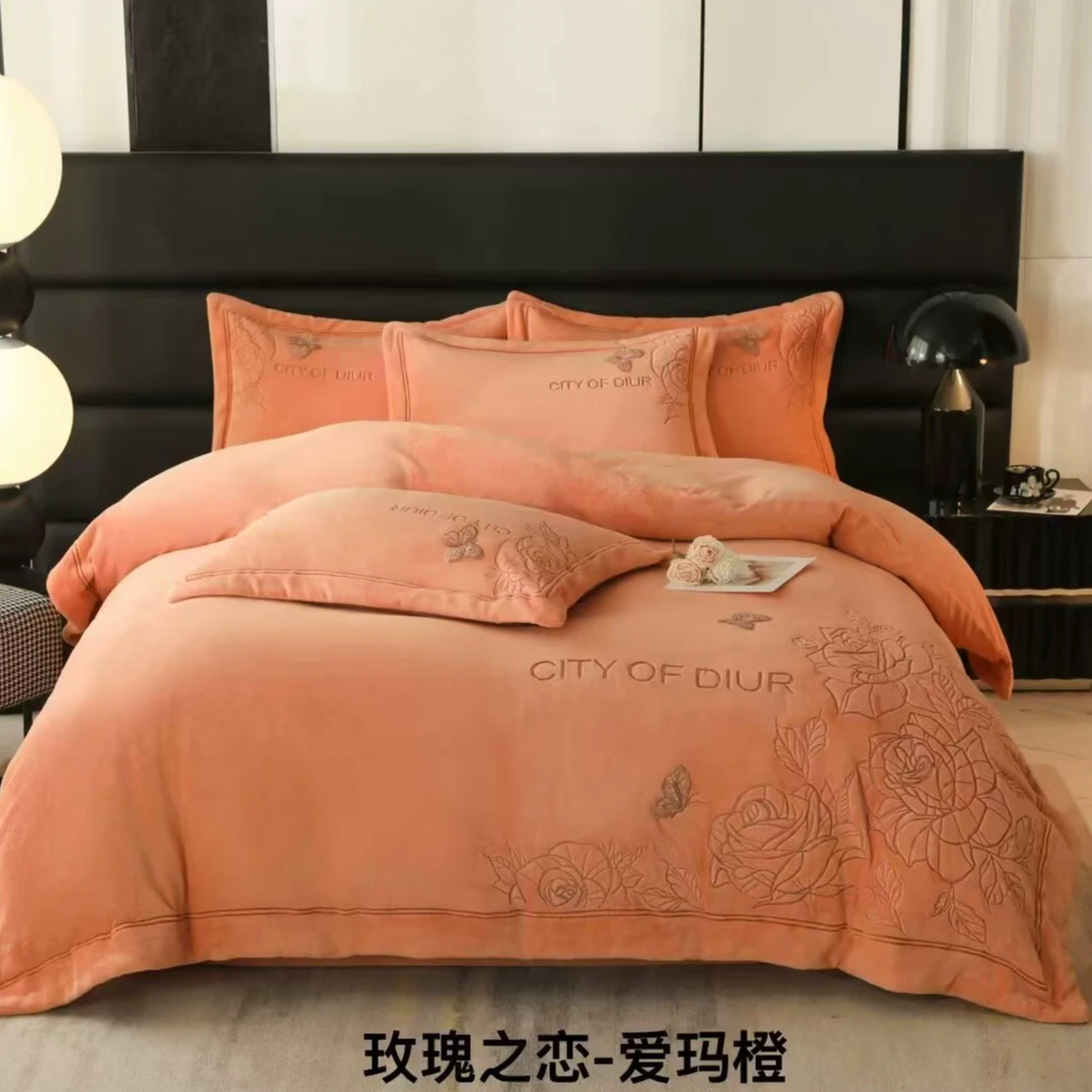 【玫瑰之恋】轻奢绣花加厚臻棉绒四件套刺绣牛奶绒被套大床单枕套