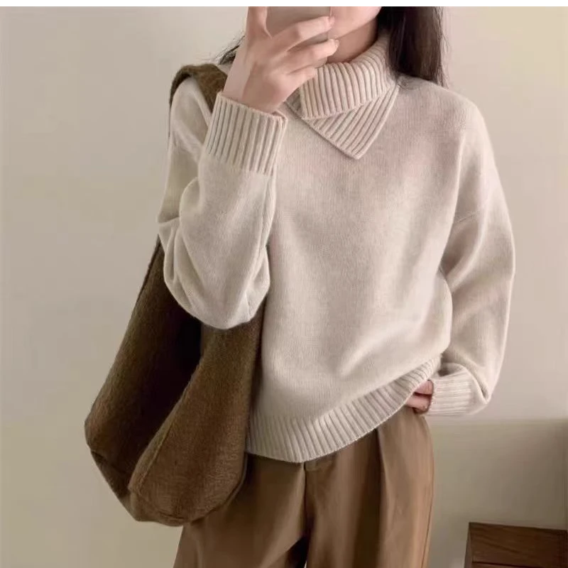 秋冬女宽松翻领羊毛衫网红时尚百搭叠领毛衣韩版宽松针织打底毛衫