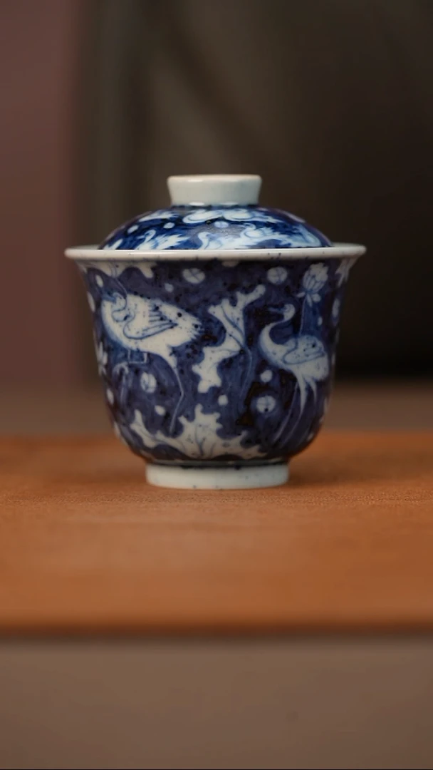 陶瓷幽蓝溪堂一路连科撒蓝盖碗