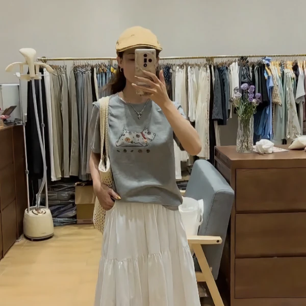 2025夏季韩系设计感小狗印花正肩短袖T恤大码休闲百搭学生上衣女