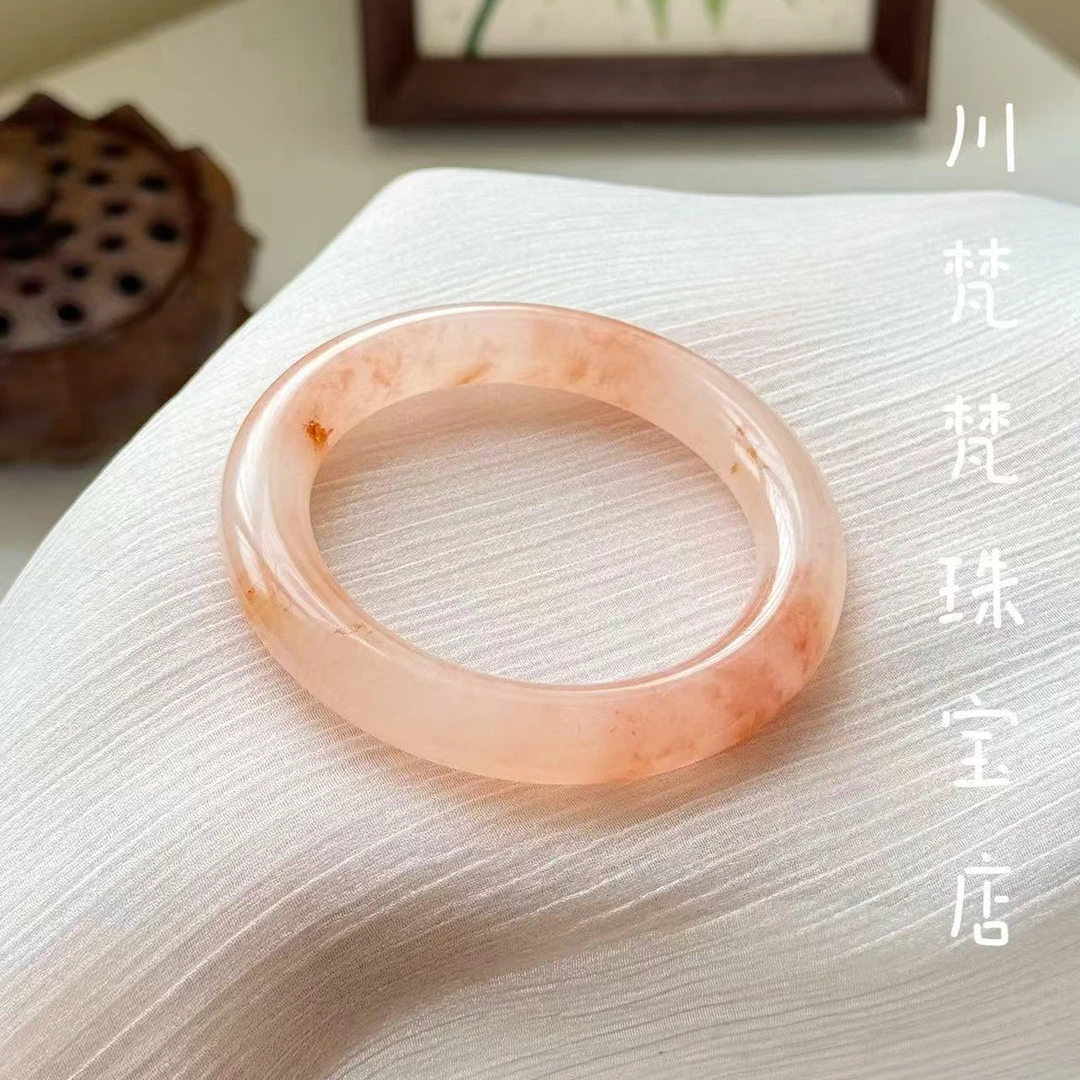 新疆金丝玉手镯天然桃花酿手镯高冰余太翠玉镯子透粉色少女送礼物