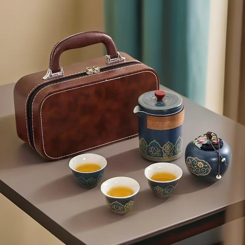 KK0231蓝款宝相花一壶三杯加茶叶罐旅行装