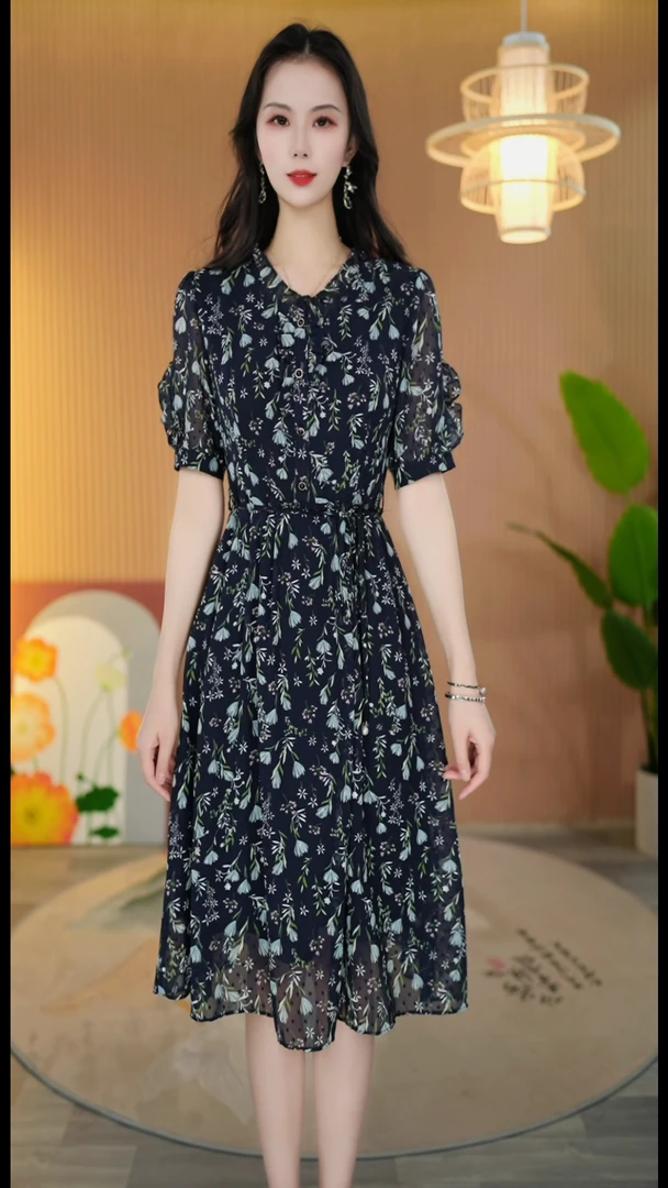62春夏碎花中袖连衣裙新款气质时尚修身洋气减龄遮肉显瘦收腰裙子