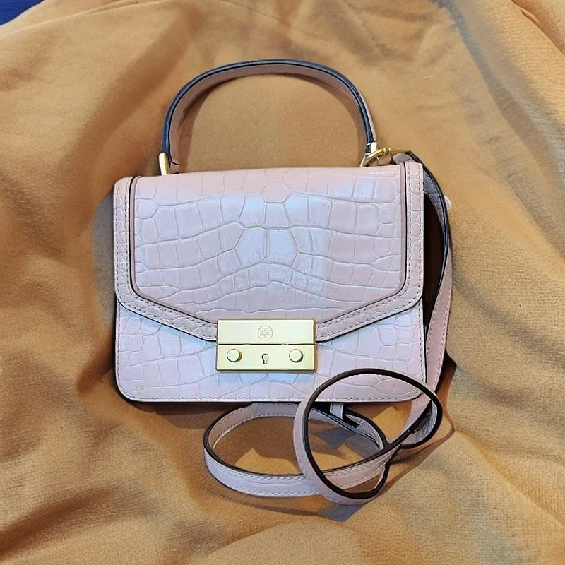 95新 TORY BURCH/汤丽柏琦  粉色鳄压单肩包 1216 6593