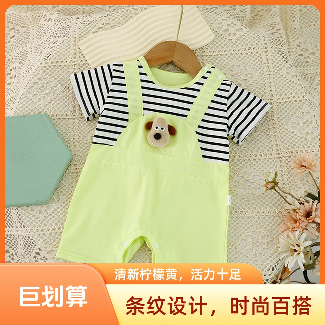 男女童A类夏季哈衣婴童休闲风爬服条纹短袖背带裤女孩