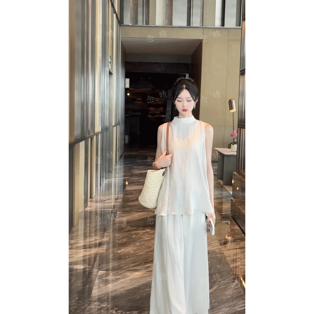 赠裤子夏季新款禅意风半高领无袖后开叉上衣加高腰裤裙套装1229