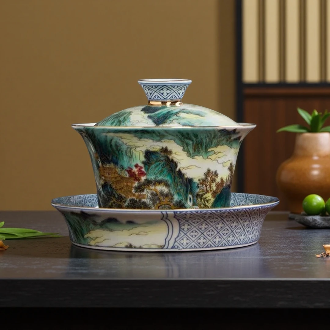 正宗景德镇悬停三才马蹄盖碗珐琅彩山水防烫手泡茶碗高档个人专用