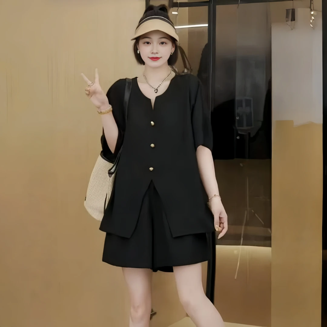 时髦显瘦气质套装2025夏季大码胖MM高级垂顺感圆领洋气女款两件套