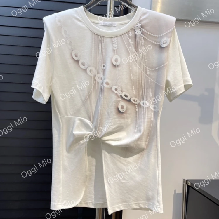【XSY】OGG烫印绳索扭结印花下摆小开叉设计师时尚常规极简拼接短袖