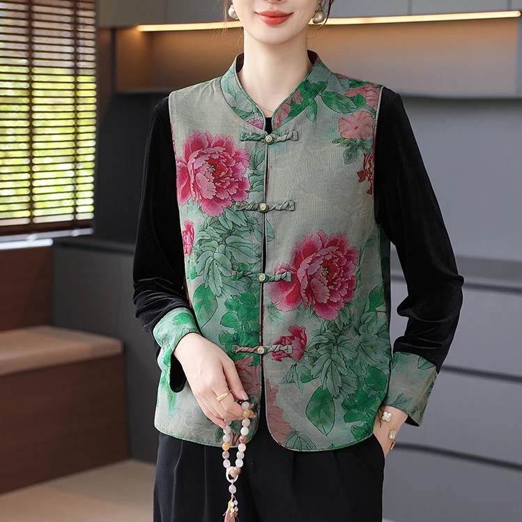 新中式妈妈秋装国风套装女洋气印花中老年女装内搭上衣马甲两件套
