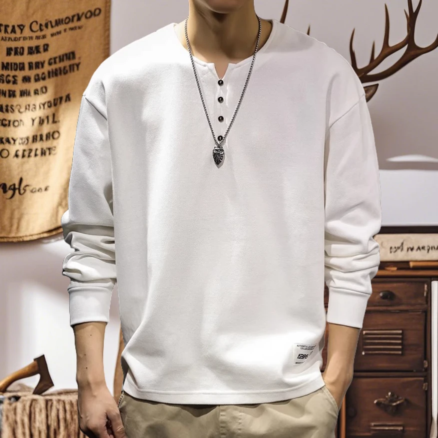 春季重磅纯棉男士长袖t恤宽松大码美式潮牌休闲亨利领打底衫卫衣T