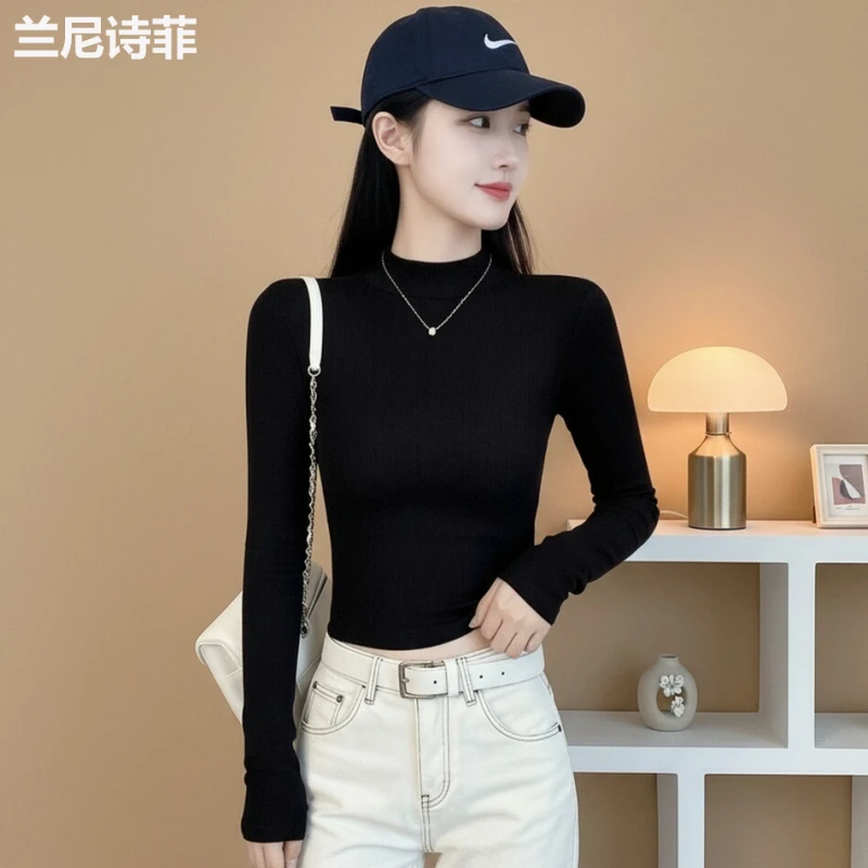 黑色t恤女长袖春秋螺纹半高领打底衫短款内搭中领显瘦修身上衣潮