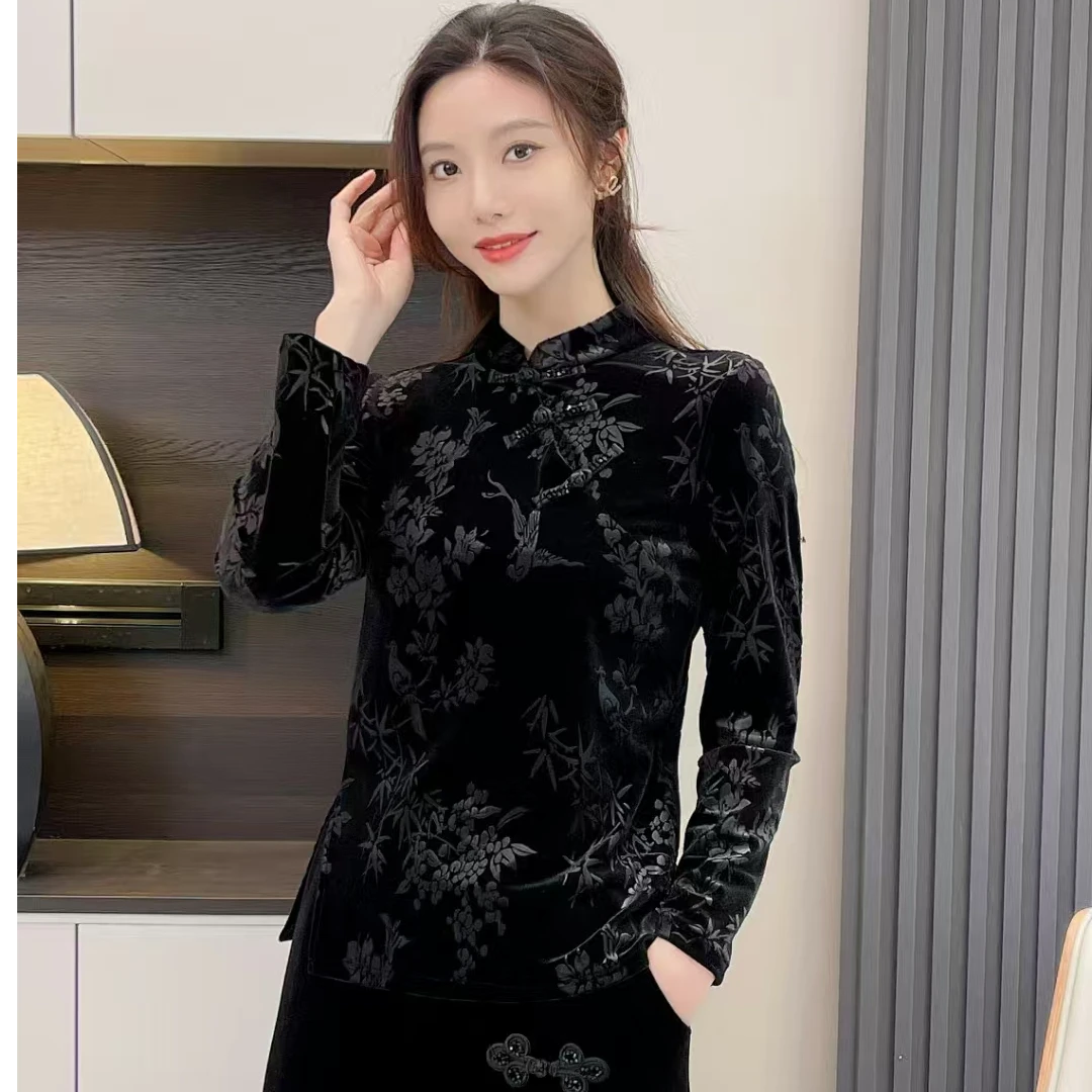 春装新款鸟语花香打底衫中式国风复古洋气百搭气质女装显瘦钻石绒