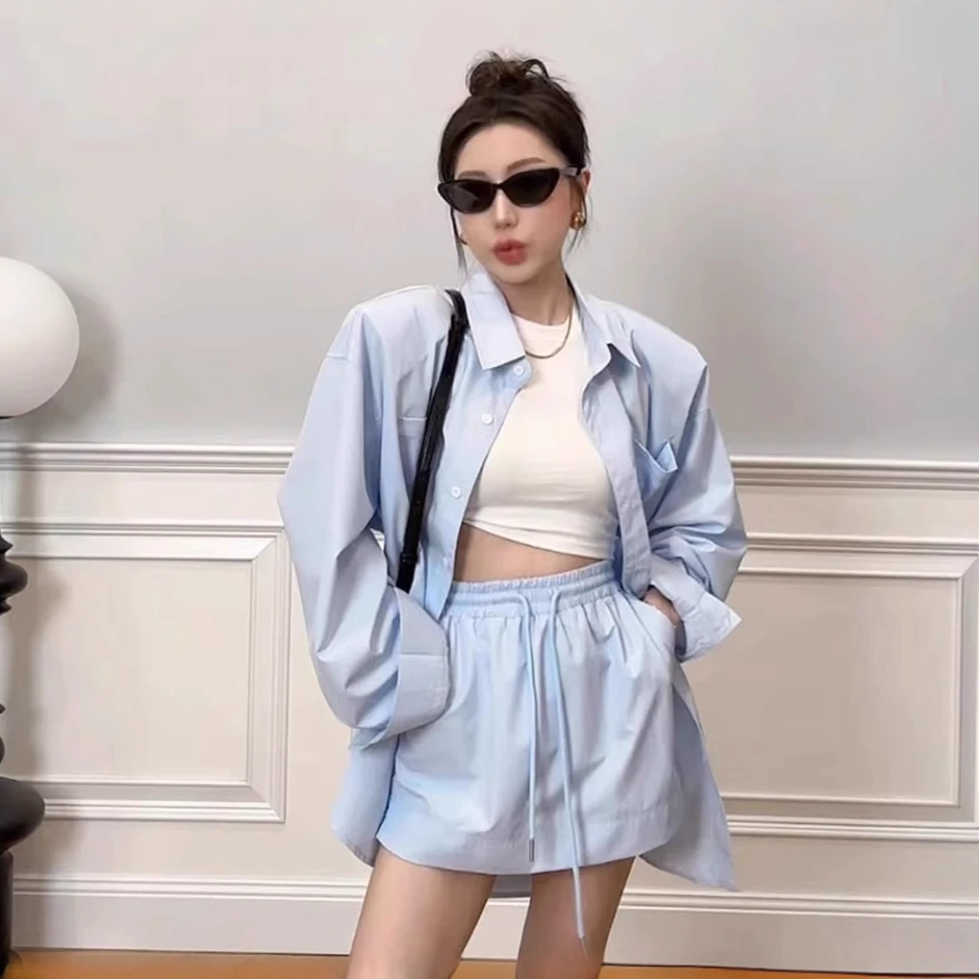2025春夏慵懒风宽松长袖纯色防晒衬衫短裙两件套时尚气质懒人套装
