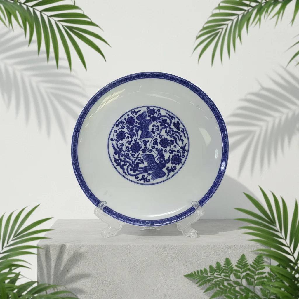10英寸青花凤纹月光盘