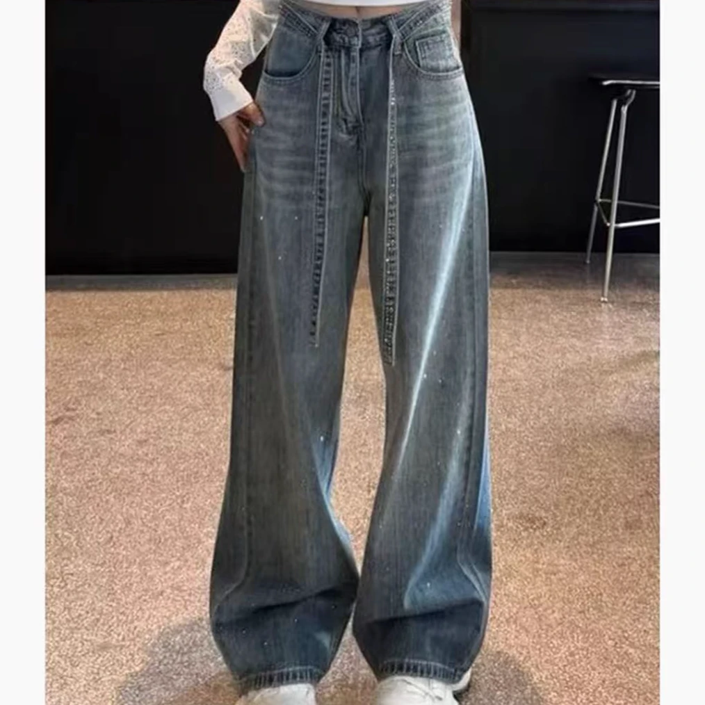 003厚款烫钻复古美式风休闲风牛仔裤长裤做旧阔腿裤高街