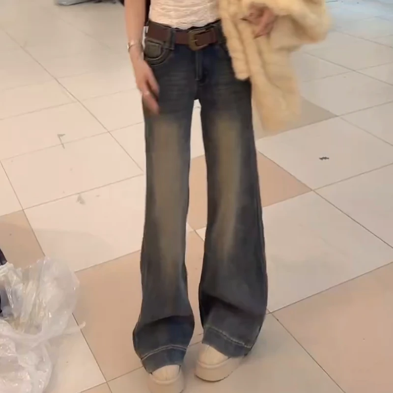 时尚百搭加厚加绒做旧高腰长裤怀旧复古色牛仔裤LK2508160