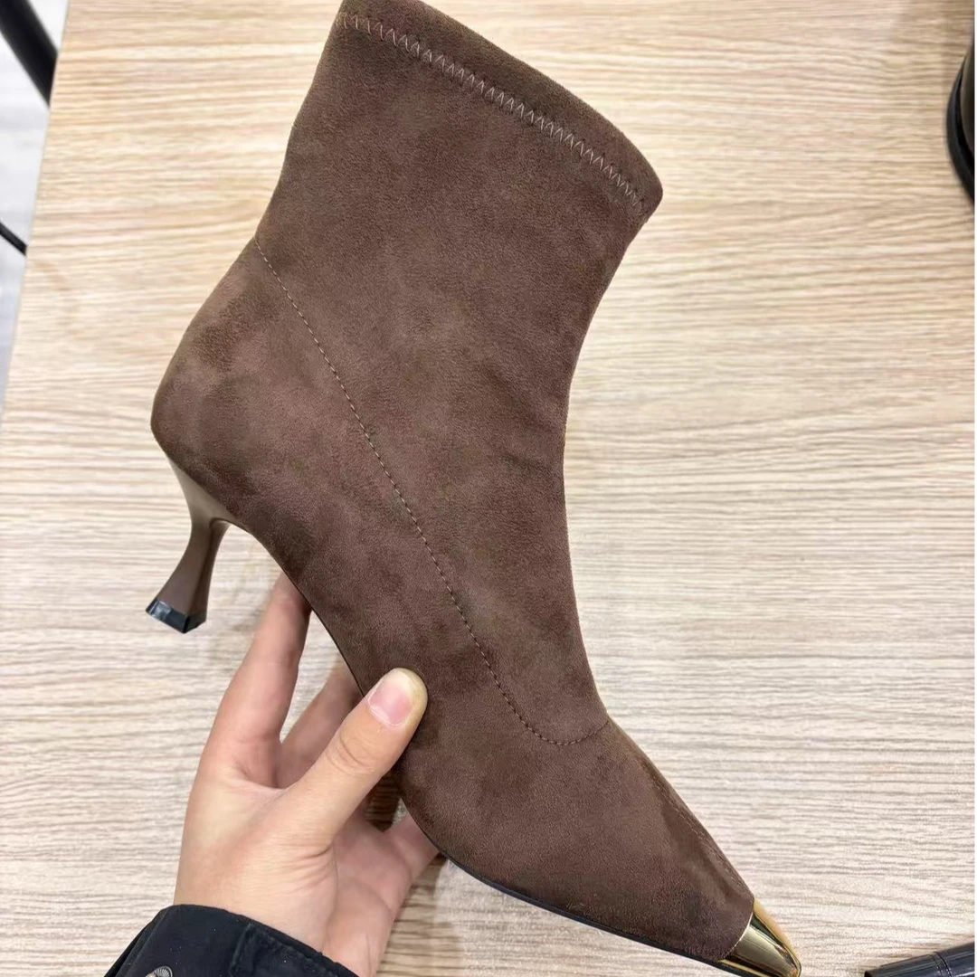 568-36金属防踢头加绒短靴女瘦瘦靴细高跟冬季新款韩版