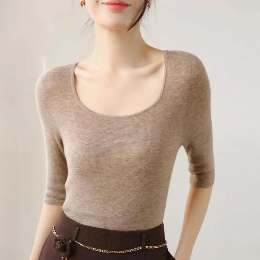 ROUHAN夏季水溶羊毛方领打底衫短袖薄款内搭修身中袖T恤针织衫女