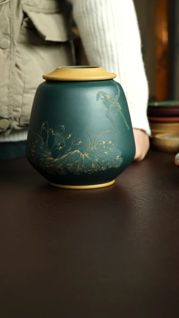 茶杯紫砂65号 李建军老师黄金段粉浆墨绿泥荷鸟茶叶罐