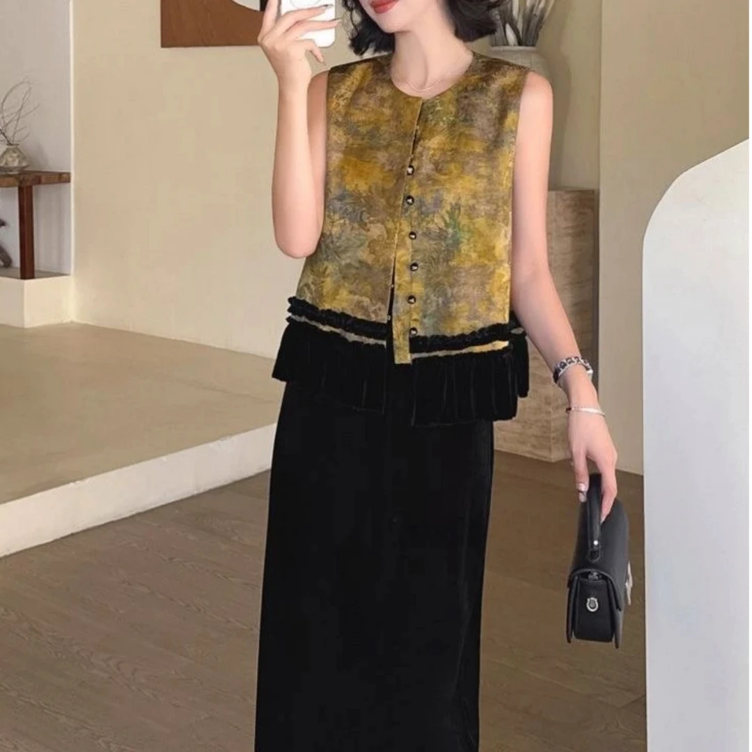 中国风常规款时尚女装秋季开衫拼接马夹丝绒马甲百搭法式显瘦