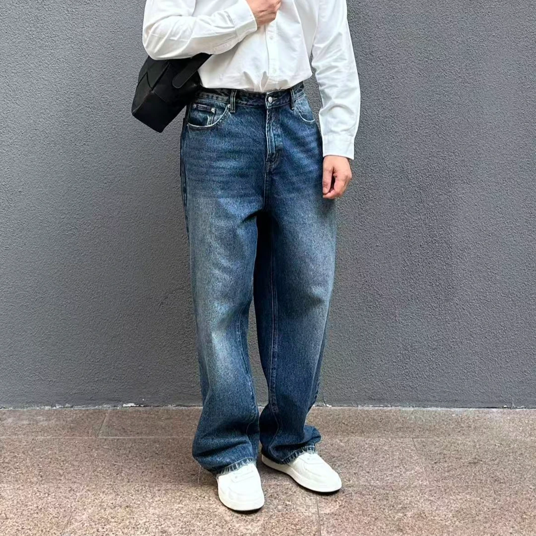 秋冬重磅宽松直筒男士阔腿牛仔裤厚质简约韩版蓝色水洗牛仔裤