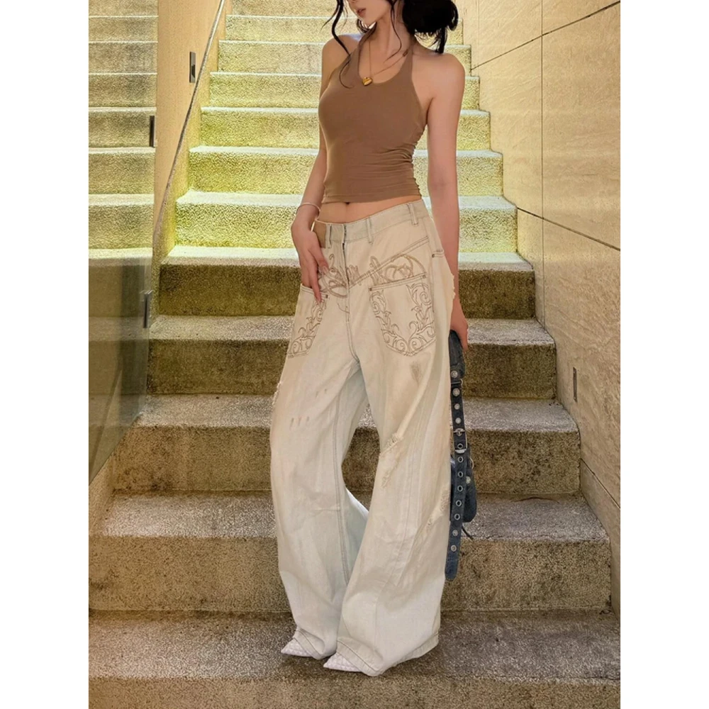 复古设计感美式弯刀牛仔裤女2025秋季新款高腰辣妹宽松显瘦阔腿裤