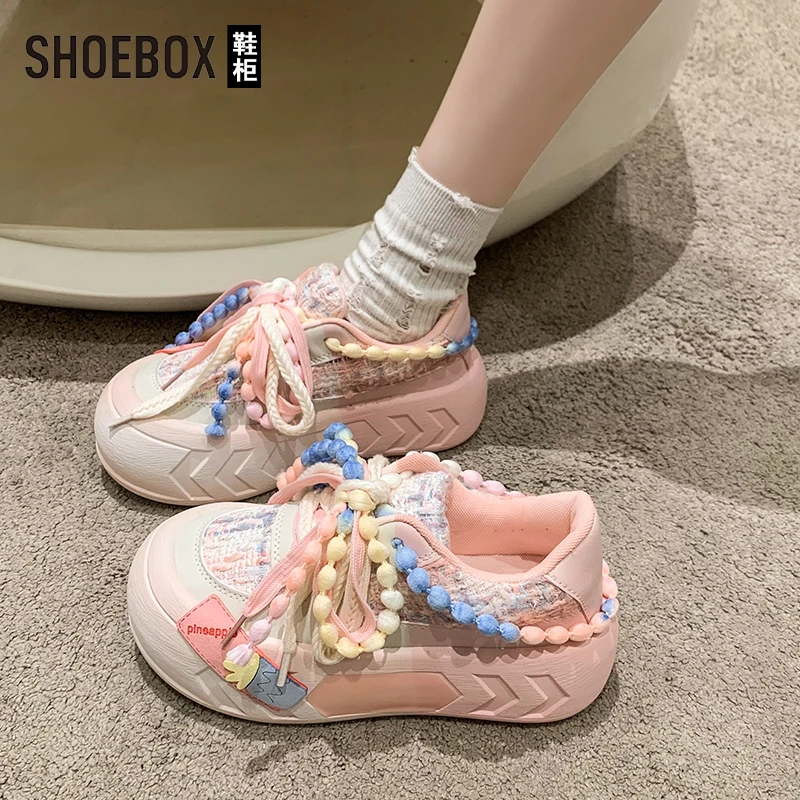 SHOEBOX鞋柜拼色板鞋女2025春秋皮面原创休闲小白鞋时尚休闲鞋