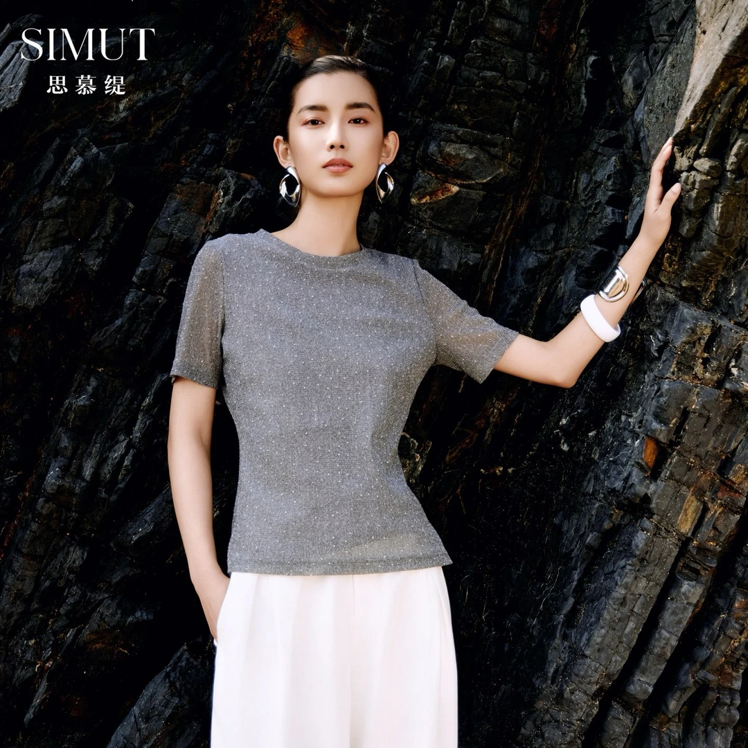 SIMUT思慕缇女装短袖圆领烫钻针织气质时尚夏季ST032521