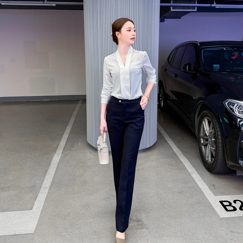 V领白色衬衫女职业气质内搭衬衣长袖通勤工作服面试套装西装女士