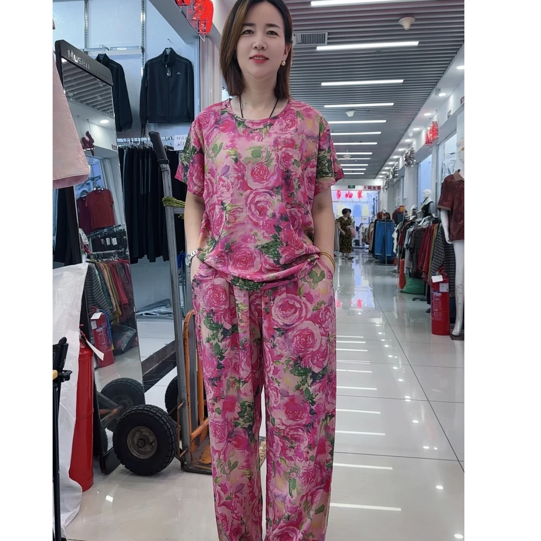菲扬女装---高端数码印花棉绸宽松居家服套装9191款