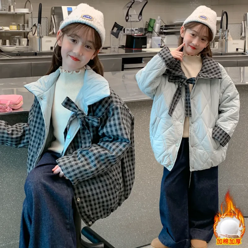女童秋冬季装2025新款韩版洋气百搭休闲两面穿格子棉服潮CWT351