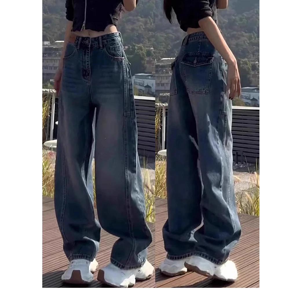 大码欧货香蕉牛仔裤女秋季新款梨型身材显瘦直筒宽松阔腿弯刀裤