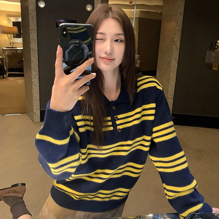 韩系撞色条纹polo领针织毛衣女秋季外穿时髦内搭小个子设计感上衣