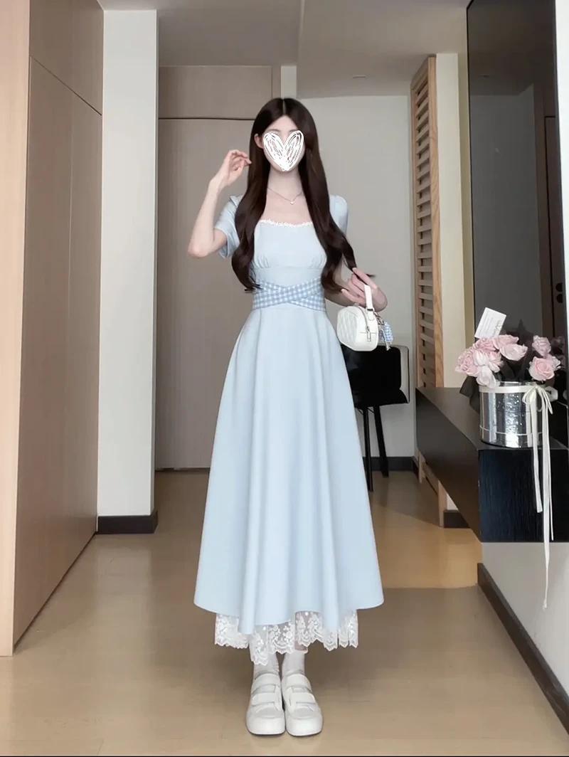 【凉凉夏日】法式气质方领格子绑带夏季设计感蕾丝拼接时尚连衣裙