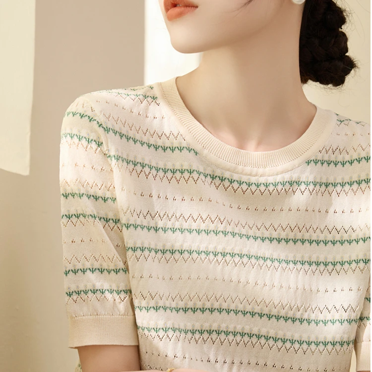 条纹镂空针织短袖t恤衫女2025新款爆款夏季小众设计感外穿薄上衣