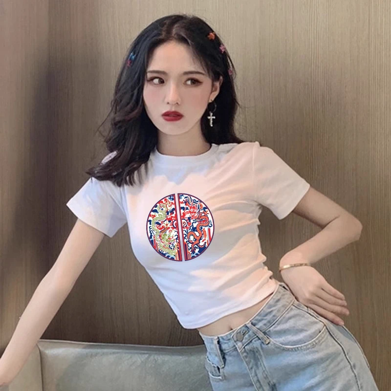 黑色印花短款短袖t恤女夏季百搭chic风修身显瘦爵士舞女上衣