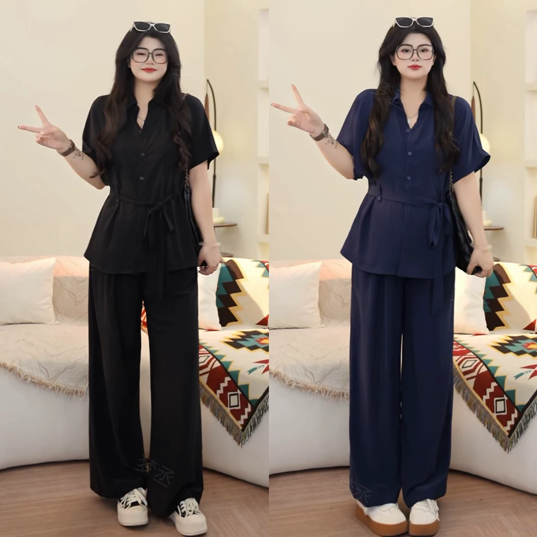 梦丞-夏季大码女装胖mm显瘦遮肉时尚绑带收腰衬衫上衣+阔腿裤套装