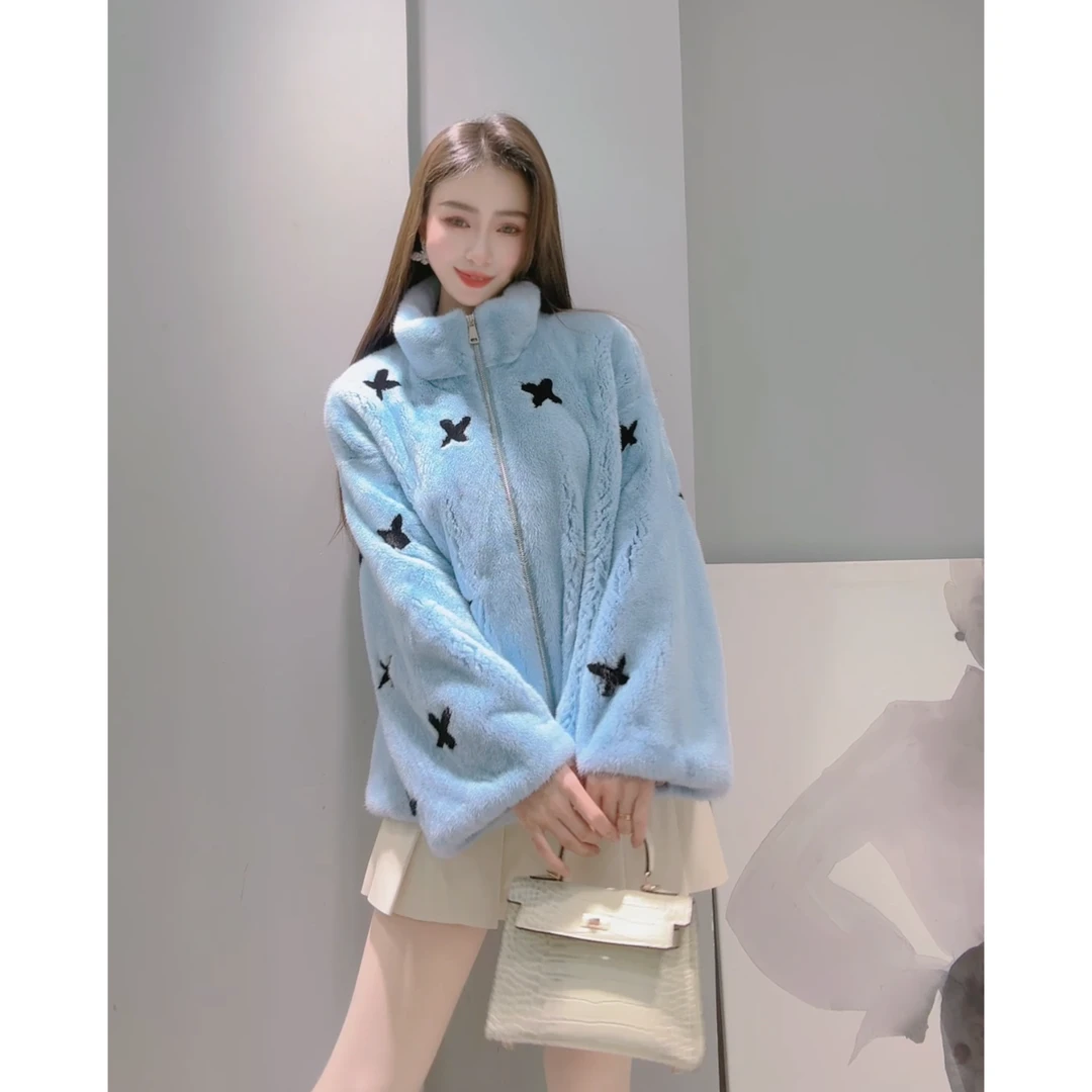 FOREVERSHINE希屿  蓝色小立领短款减龄扣花水貂短款皮草