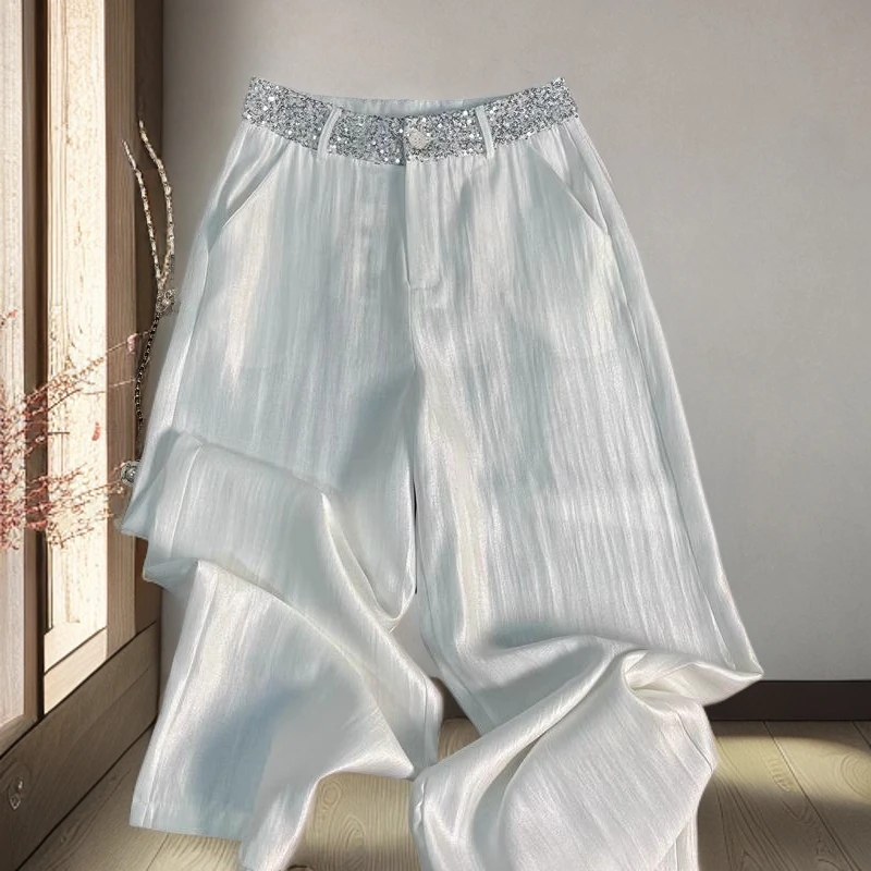 白色冰丝阔腿裤女高腰垂感夏季薄款2025新款亮片高腰显瘦白色裤子